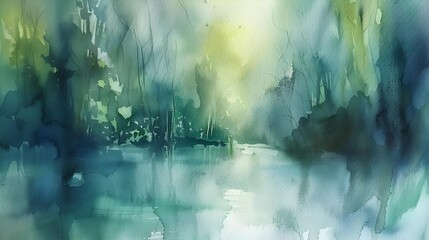 Abstract landscape painting depicting a serene forest scene in watercolor shades of green and blue. - obrazy, fototapety, plakaty