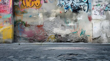 Graffiti tags and splashes of paint mark an urban wall that meets the textured cobblestone of a city street.