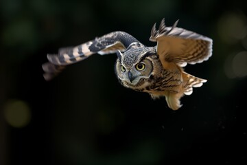 Obraz premium owl with wings tucked, diving at high speed toward lens