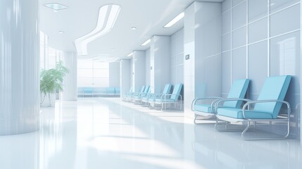 Fototapeta na wymiar Contemporary Empty Hospital Corridor: Clinic Interior with White Patient Chairs, Waiting for Doctor Visit. Modern Medical Office Background, Generative Design