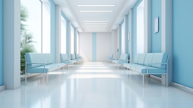 Contemporary Empty Hospital Corridor: Clinic Interior with White Patient Chairs, Waiting for Doctor Visit. Modern Medical Office Background, Generative Design