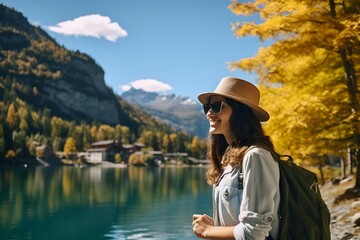 Fototapeta premium A female tourist standing by an alpine lake with trees and mountains in the background.
