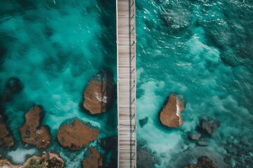 Aerial view of wooden pier extending over a turquoise sea with rocks visible beneath the water’s...
