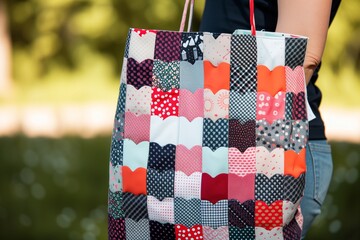 patchwork heart patterned reusable shopping bag over an arm