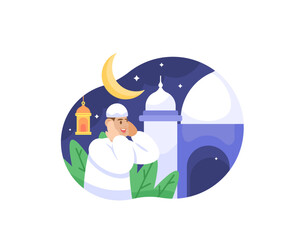 Illustration of a Muslim man is chanting the Adhan. Night background with mosque, crescent moon and lantern. Illustration of Ramadan Theme Concept Design, Eid Al-Fitr, Eid Al-Adha, Islam. graphic 