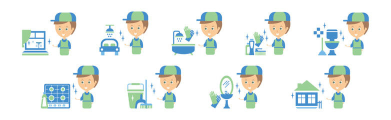 Cleanup Service with Man and Housework Flat Icon Vector Set