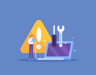 Repair and maintain computer systems. troubleshooting errors on laptops. IT support or IT staff. computer technician. Technical support. illustration concept design. graphic elements. Vector