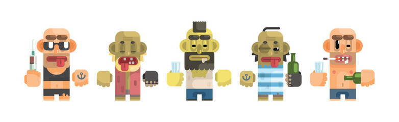 Antisocial People Icon Flat Primitive Stylized Graphic Design Vector Set