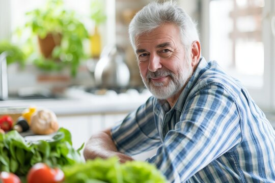 Happy Elderly Man with Fresh Vegetables