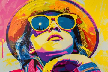 girl with hat and sunglasses on colored background whit space for copy