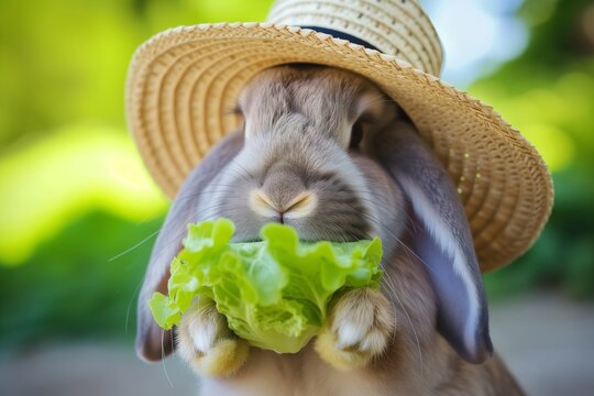 rabbit in a straw hat nibbling lettuce