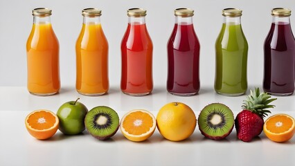 Fruit juices in bottles. Health and wellness content.	