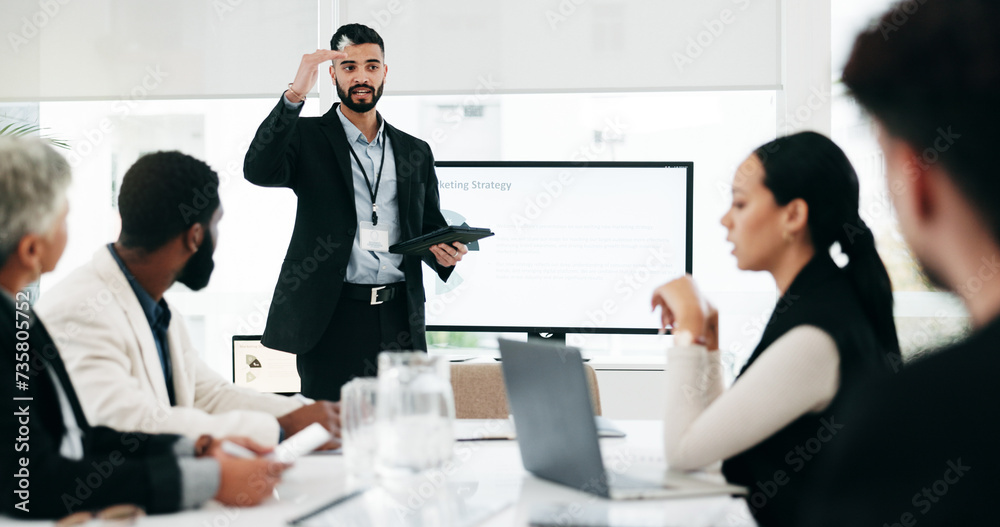 Poster Presentation, chart and meeting with business man and tablet for planning, training and project management. Idea, strategy and data analysis with people in office for brainstorming, team and research