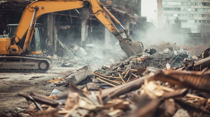 Excavator working on demolition amid dust and debris. - obrazy, fototapety, plakaty