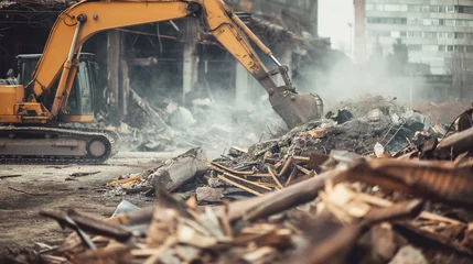 Fotobehang Excavator working on demolition amid dust and debris. © RISHAD