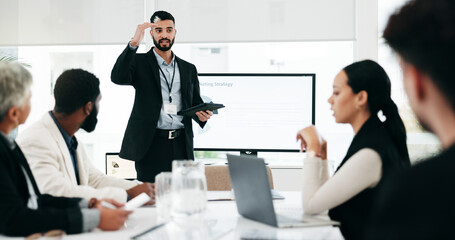 Presentation, chart and meeting with business man and tablet for planning, training and project management. Idea, strategy and data analysis with people in office for brainstorming, team and research