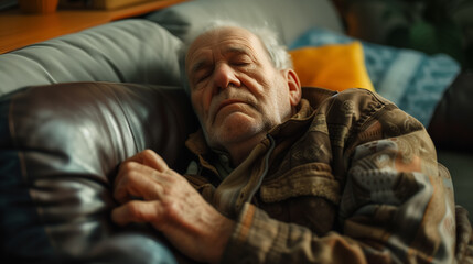 Obraz premium Elderly man sleeping peacefully on a couch.