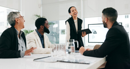 Presentation, planning and meeting with business woman and tablet for research, training and project management. Idea, strategy and data analysis with people in office for brainstorming and chart