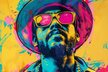 Fototapeten man with hat and sunglasses on colored pink and yellow background in pop art style © Marco