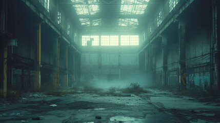 An action film set in an abandoned warehouse, staging a suspenseful showdown scene, - obrazy, fototapety, plakaty