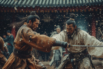 Behind-the-scenes of a martial arts film, showcasing intricate fight sequences and expert stunt coordination,