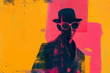 Foto op Aluminium man with hat and sunglasses on colored pink and yellow background in pop art style © Marco