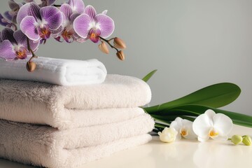 stack of fluffy towels next to orchids with clear wall space