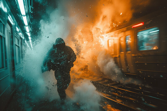 A thrilling action scene being shot on a moving train set, complete with fight choreography and special effects,