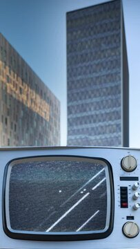 vintage television and skyscraper timelapse vertical