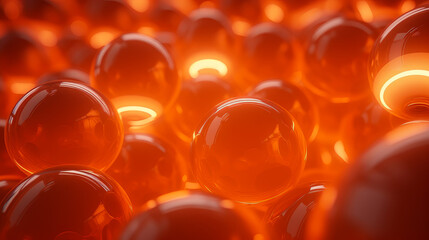 Beautiful luxury creative 3D modern abstract light background consisting of orange yellow balls and spheres with light digital effect, copy space.