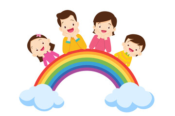 Cute family post smile on rainbow and white board