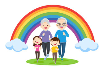 big family Exercise together for good health rainbow background