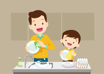Happy kid helping family washing dishes at home