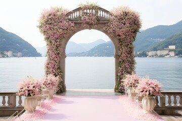Obraz na płótnie Canvas Elegant wedding ceremony with exquisite decorations and vow exchange under floral arch