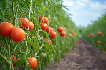 rows of tomato plants with ripe fruit in farmland