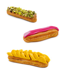Eclair with Mango Cream, pistachios and pink glaze