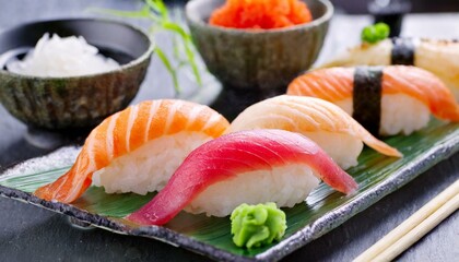 Assorted Sushi presented in a Tasteful Way - Diverse different types of Sushi - Maki, Inside-out, Nigiri, Uramaki - Japanese Cuisine - Fresh Seafood