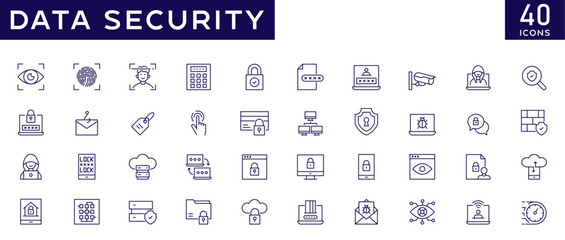 Data security icons set with fully editable stroke thin line vector illustration with secured network, data protection, security, antivirus, padlock, spam, data analytic, data shield, firewall, threat