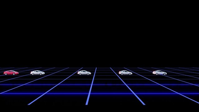加速と減速の波状運転を繰り返す車列を一定速度で追走する車のシームレスなループアニメーション動画
