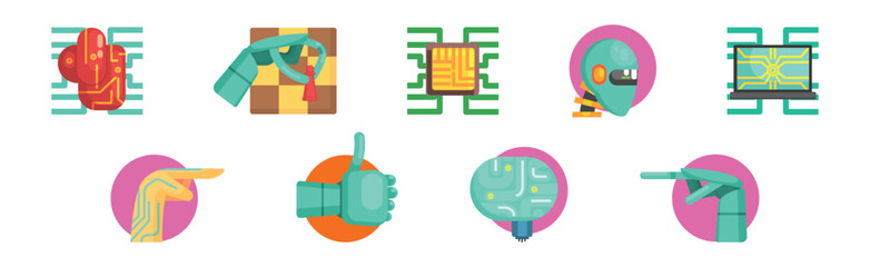 Artificial Intelligence Flat Icon and Robotic Object Vector Set