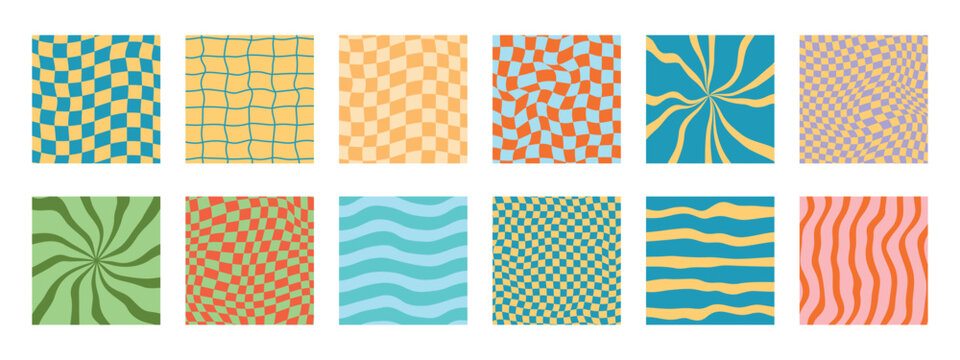 12 funky psychedelic retro patterns. y2k groovy checkerboard. Vector wavy cute background with distorted grid