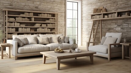 Rustic farmhouse living room interior with stylish wall mockup and cozy ambiance