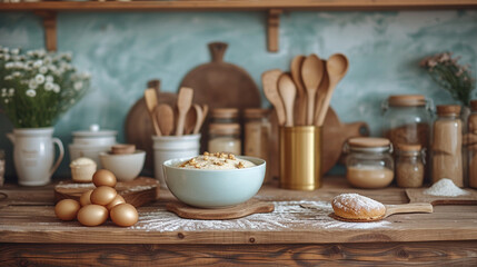 Elegant, gold-handled baking tools displayed against a backdrop of soft, muted kitchen colors,