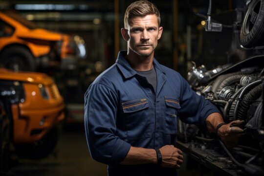 Attractive confident male auto mechanic working and looking on his work in Car machine