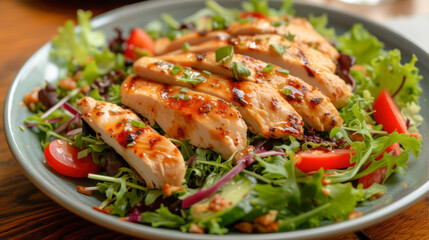 Fried chicken meat lies sliced ​​on a plate with salad and cherry tomatoes
