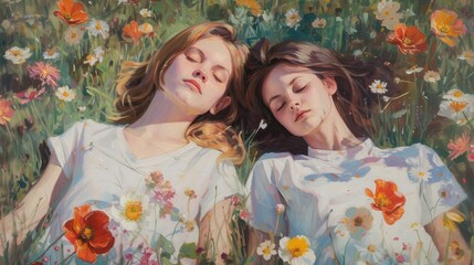 Two girls lie together on the grass among flowers
