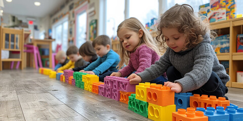 In a vibrant preschool classroom, children, both boys and girls, engage in imaginative play with colorful toys and blocks, promoting collaborative development and learning.
