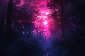 night forest with fog background. Fantasy landscape forest at night. night forest wallpaper for desktop. Natural landscape background. Synthwave Style Leaf Background. fantasy forest wallpaper.