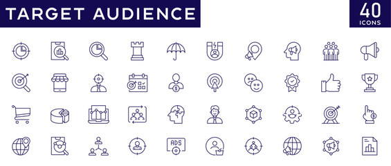 target audience icons set with fully editable stroke thin line vector illustration with analyzing, strategy, customer,  buyer persona, personalization, brand research, analysis, feedback, campaign.