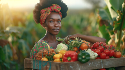 Girl on a farm with a box of vegetables
